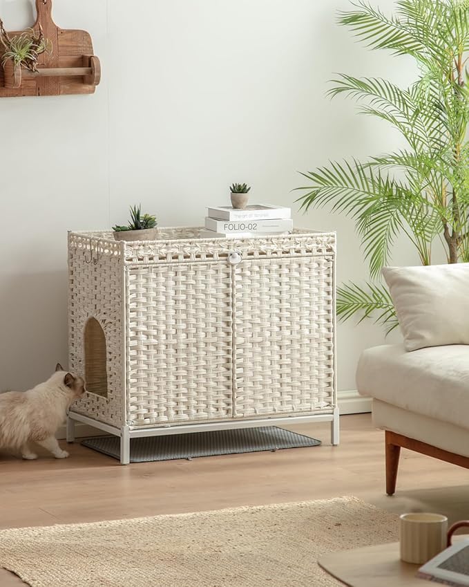 Cat Litter Box Enclosure Furniture, Hidden Handwoven Rattan Litter Box with Mat, Large Cat House with Metal Heightened Feet, 30.3 x 18.3 x 28 Inches, Indoor for Living Room, Bedroom White