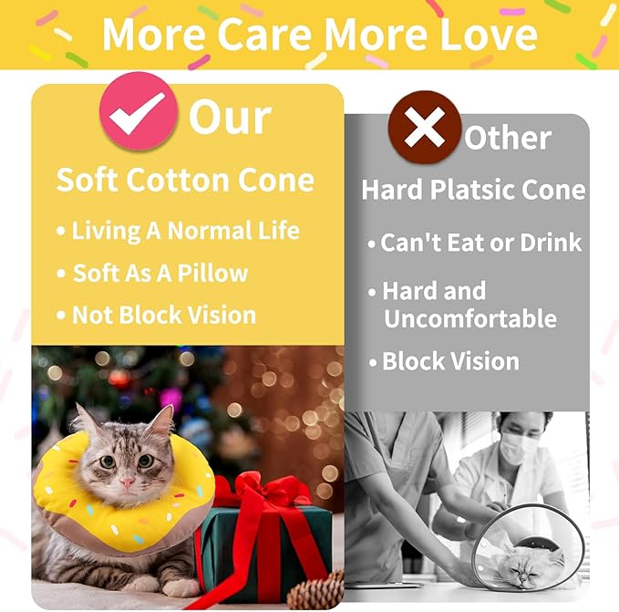 Cat Cone Collar Soft, Waterproof Cat Recovery Collars Spay Cones to Stop Licking Cute Donut E Collar After Surgery Anti-Lick Wound Healing Safety Elizabethan Collar for Kittens (Donut Yellow, Medium)