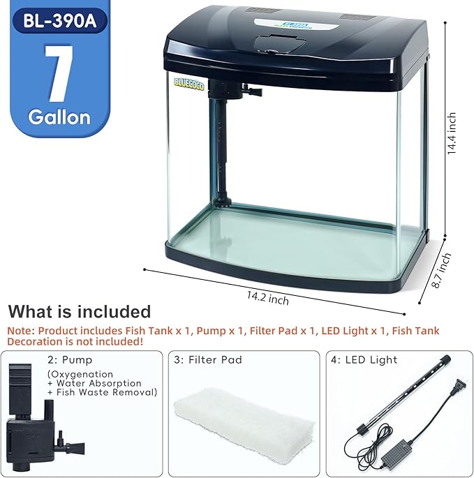 7 Gallon Glass Aquarium Starter Kit with Flip-Top Feeding Port for Betta Fish: Crystal Clear 360° Viewing, Eco-Cycle Filtration, Air Pump, and LED Lighting