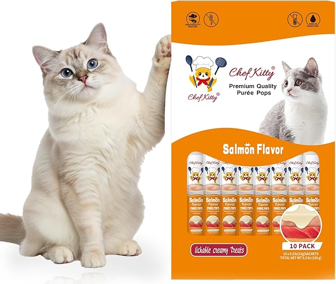 Cat Treats Lickable | Grain-Free Cat Food Toppers & Salmon Treats | Creamy Puree Squeeze Ups with Vitamin E & Taurine, Digestible Formula | 0.5 oz. Each Tube, Salmon Flavor | 10 Tubes