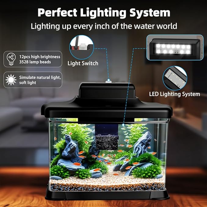 Small Fish Tank Ultra-Clear 1.6 Gallon Aquarium Starter Kits with LED Lighting and Filter System Beginner-Friendly Mini Betta Aquarium for Small Fish Shrimp Desktop Room Decoration