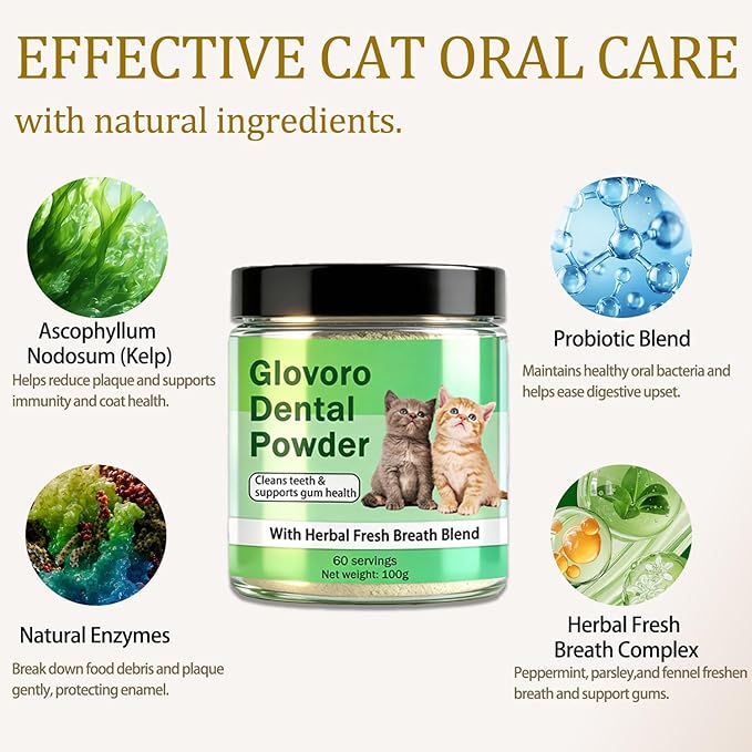 Glovoro Cat Dental Powder, Dental Powder for Cats, Relieve Gum Redness Tartar, Breath Freshener,Daily Dental Care Powder, 100g
