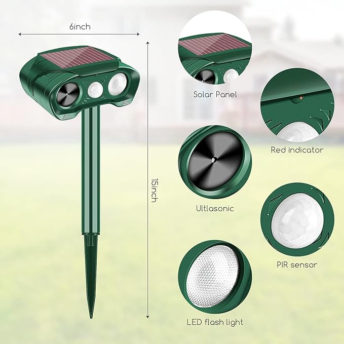 Ultrasonic Animal Repellent Outdoor Deer Repellent Devices with Motion Sensor & Strobe Light, Sonic Cat Deterrent Skunk Rabbit Raccoon Repellent Solar Animal Repeller for Yard Garden Patio