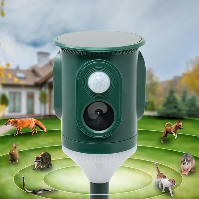 360° Solar Ultrasonic Animal Repellent Outdoor Motion Activated Pest Deterrent with Strobe Light, Waterproof Garden Protection for Cats, Dogs, Squirrels, Raccoons,Skunks, Rabbits, Coyotes
