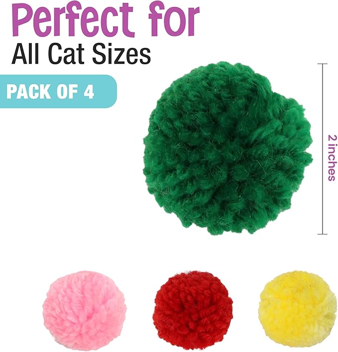SPOT Wool Pom Poms Cat Toy - Interactive Wool Balls Cat Toy with Catnip for Cats and Kittens to Bite, Swat and Chase - 1.5 inch, 4 pcs