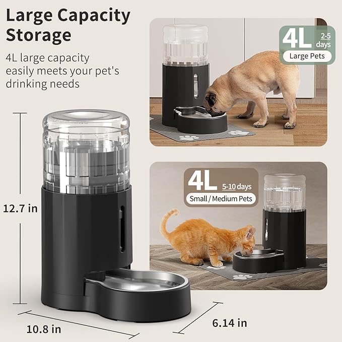 Cat Water Dispenser with Placemat and Stainless Steel Bowl, Automatic Gravity Water Dispenser for Cats or Small Medium Size Dogs, Large Capacity, Easy to Clean and Safe for Pets (4L Black)