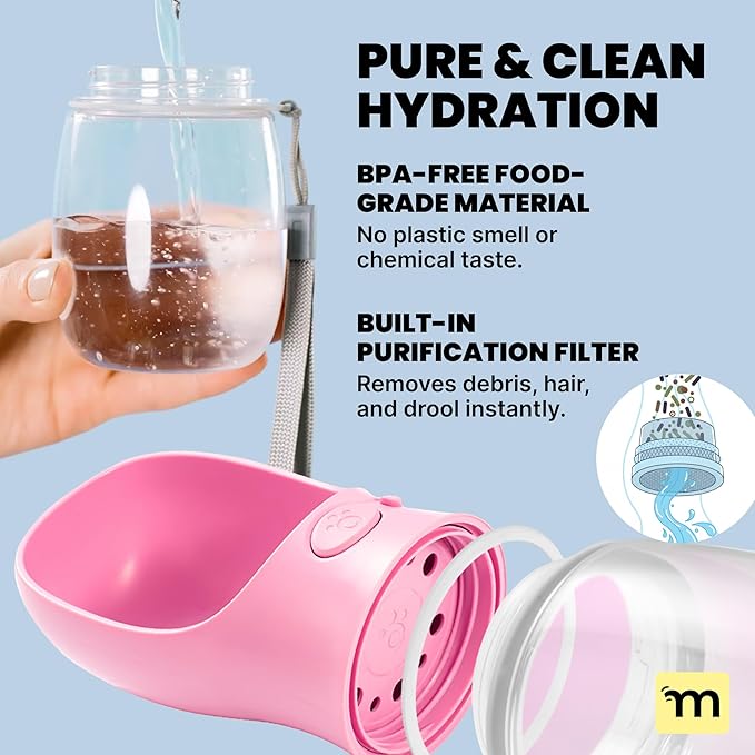MalsiPree On The Go Dog Water Bottle Dispenser - 12 oz Pink - Leak-Proof Lock & One-Hand Operation - Dog Water Bowl - Pet Travel Bottle with Built-in Bowl, Travel Ready BPA-Free Pet Supplies