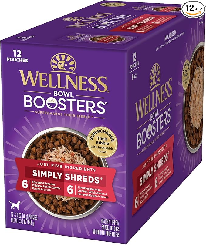 Wellness Bowl Boosters Simply Shreds Variety Pack Wet Dog Food Topper for Small, Medium, and Large Breeds, Grain Free, Natural, Chicken Recipes, 2.8 oz, Pack of 12 Pouches