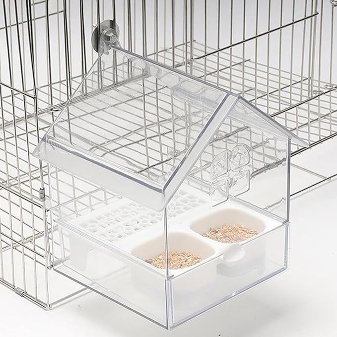 Pull-Out External Parrot Feeder, Clear Hanging Bird Feeder House, No Mess Bird Feeders for Cage, Birds Feeding & Watering Supplies for Parakeet Canary Cockatiel Finch (White)