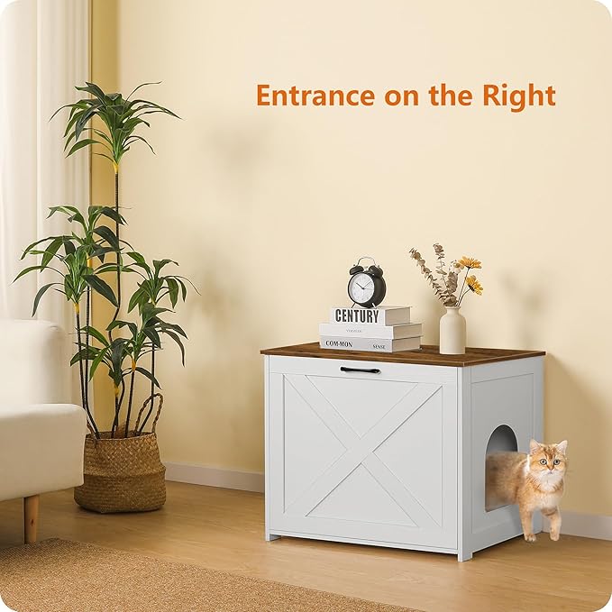 Dwanton Cat Litter Box Furniture Hidden, Cat Litter Box Enclosure, Reversible Entrance Can Be on Left or Right Side, Indoor Cabinet, Wooden Washroom, Nightstand, White and Warm Brown, 27.6" L