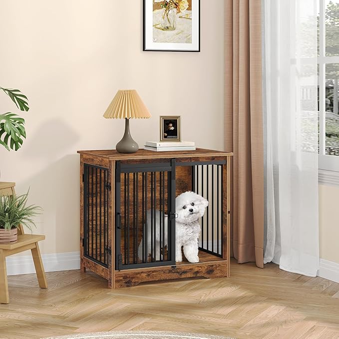 27.2" Dog Crate Furniture with Barn Door, Heavy Duty Dog Kennel Indoor with 2 Doors, Wooden Pet Cage End Table for Small Medium Dogs up to 22 lb, Anti-Chew Anti-Escape, Rustic Brown DFC84301B