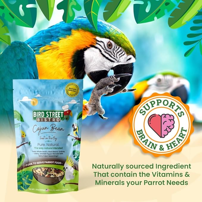 Bird Street Bistro Parrot Food for Parakeets & Cockatiels - Cajun Bean - 20 oz - Cooks in 3-15 min, Natural Grains, Fruits & Vegetables - USA Made