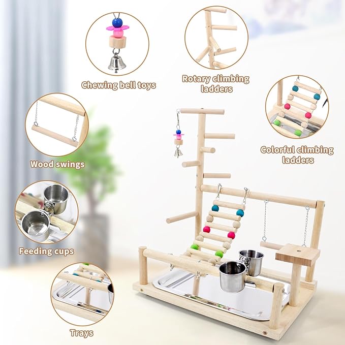 Bird Playstand Cockatiels Playground Perch Stand Parrot Play Gym for Parakeets Conures Parrotlets and Finches, Easy Assembly Includes Colorful Toys and Perch 1Ladder with Platform