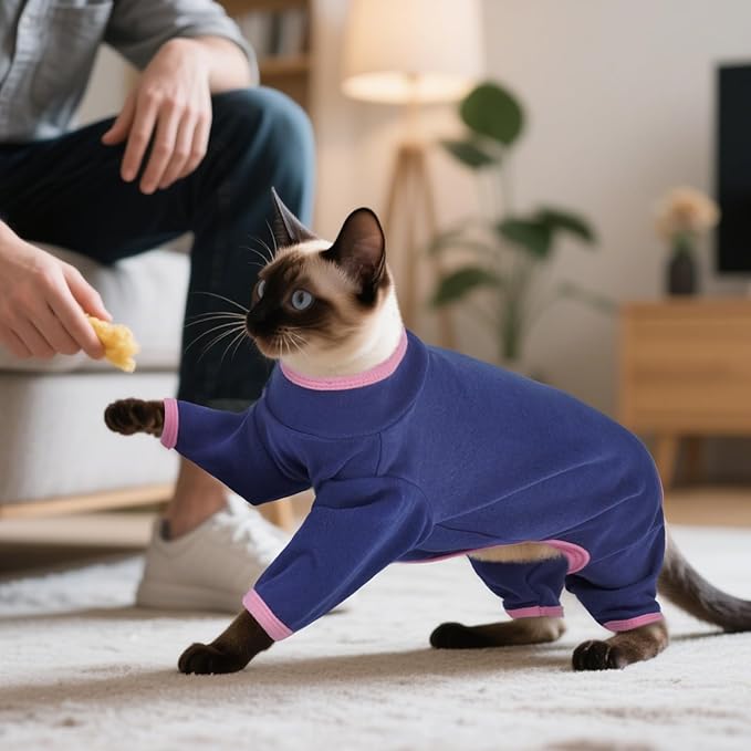 DENTRUN Cat Clothes for Hair Control with Hair Sticky Fabric - Soft Recovery Suit & Breathable Lint-Resistant Cat Sweater for Cats Only, Kitten Onesie Pajamas, XS, Blue