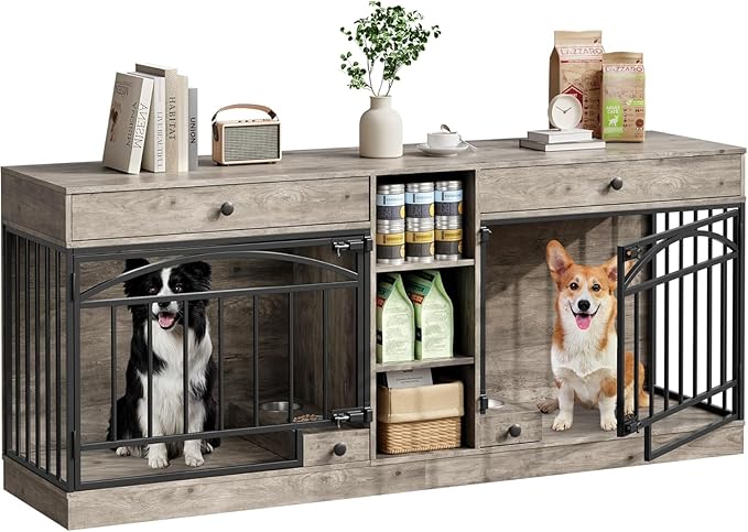 GAOMON Dog Crate Furniture for 2 Dogs, 78.7'' Large Dog Kennel Indoor with 2 Storage Drawers, 3 Shelves and Feeding Bowls, Double Dog Crate TV Stand for Small and Medium Dogs, Gray