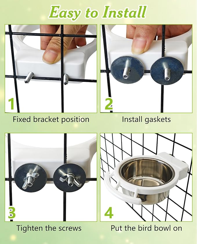 BNOSDM Hanging Stainless Steel Bird Bowls 4 PCS Bird Feeding Dish Cups with Perch Stand Parrot Food Container Food and Water Bowls with Spoon for Budgie Cockatoo Finch Lovebirds Pigeons (White)