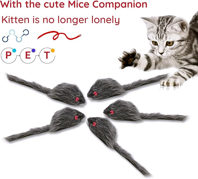 Cat Toys, 5 Pack Faux Fur Cat Mouse Toy, Interactive Cat Toy 6.3” Realistic Size Grey Furry Rattle Mouse Without Catnip Kitten Mice Toy for Bored Indoor Adult Cat, Feline Chew Toy Self Play