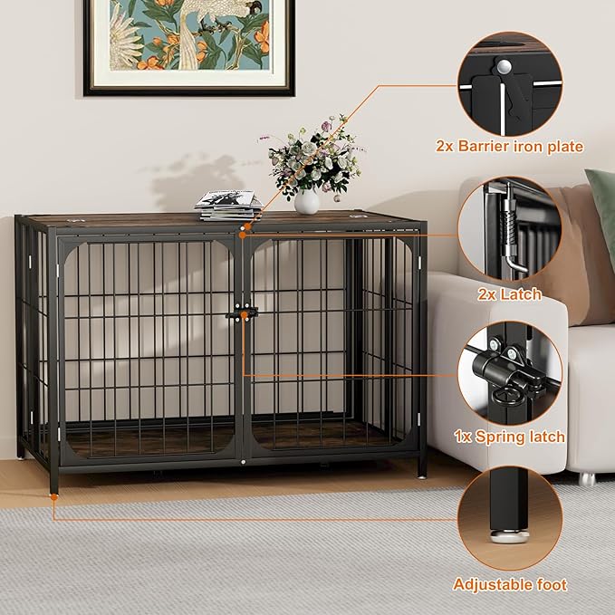 Himix Dog Crate Furniture, XL Dog Kennel Indoor for Large Medium Dogs, Wood Dog Crate Table with Sturdy Metal, Heavy Duty Dog Kennel Furniture 40.15''x 25''x 27.56'' (Rustic Brown)