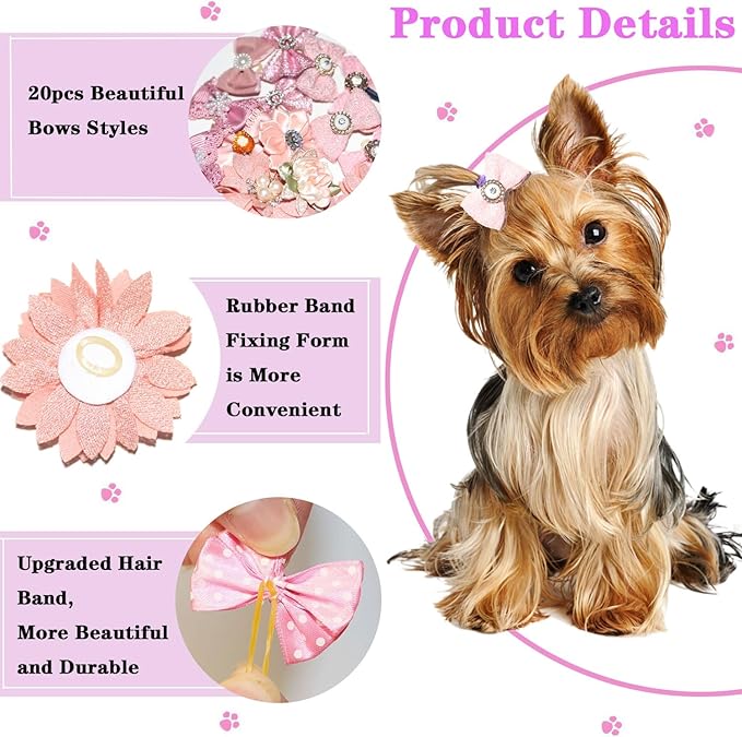 Dog Hair Bows, 20 Pack Pink Decorative Pet Accessories with Rhinestones and Pearls, Floral and Bowknot Designs
