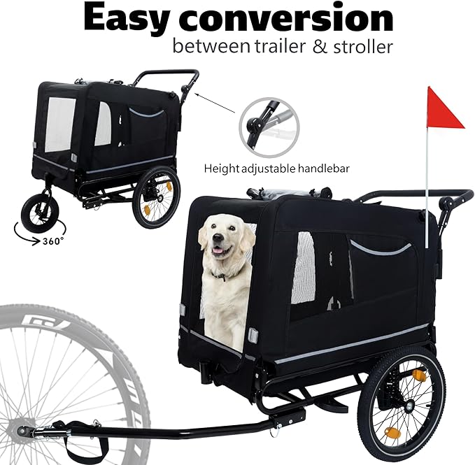 Extra Large 2-in-1 Bike Trailer & Push Cart for Pets - Detachable Bike Hitch & Push Handle Included - All-Terrain Wheels, Quick Release Wheel, Non-Slip Floor, Internal Leash, Holds Up to 88 lbs