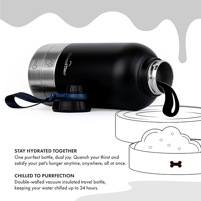 GrandTies Insulated Portable Water Bottle with 2 Detachable Dog Bowl Dispenser | Leak-Proof Food Travel Container | Walking, Hiking, Camping Accessory (64oz, Matte Black)