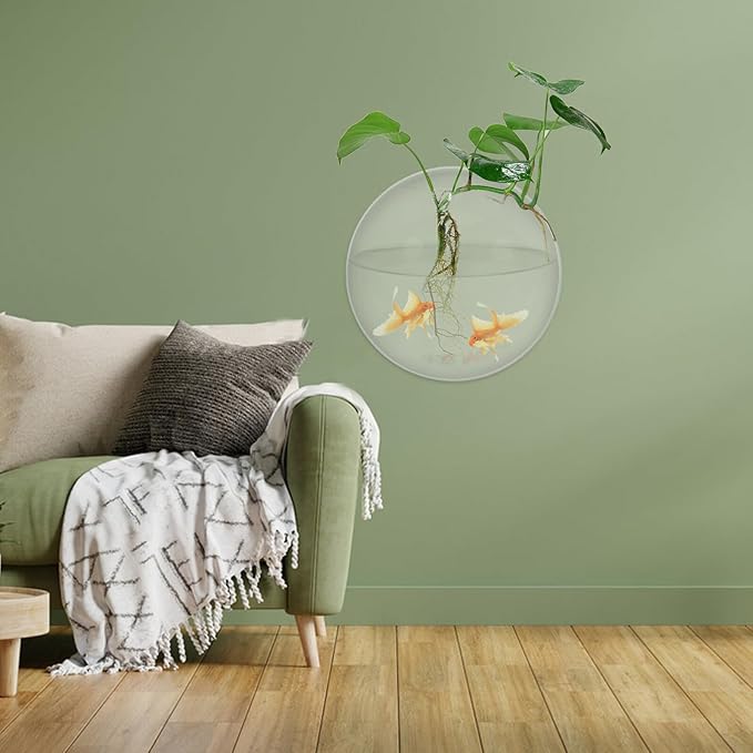 HANABASS Wall Mounted Acrylic Fish Tank Bowl, 23cm Diameter Hanging Aquarium Decor for Living Room, Acrylic Wall Hanging Fish Bowl Suitable for Home and Office Display