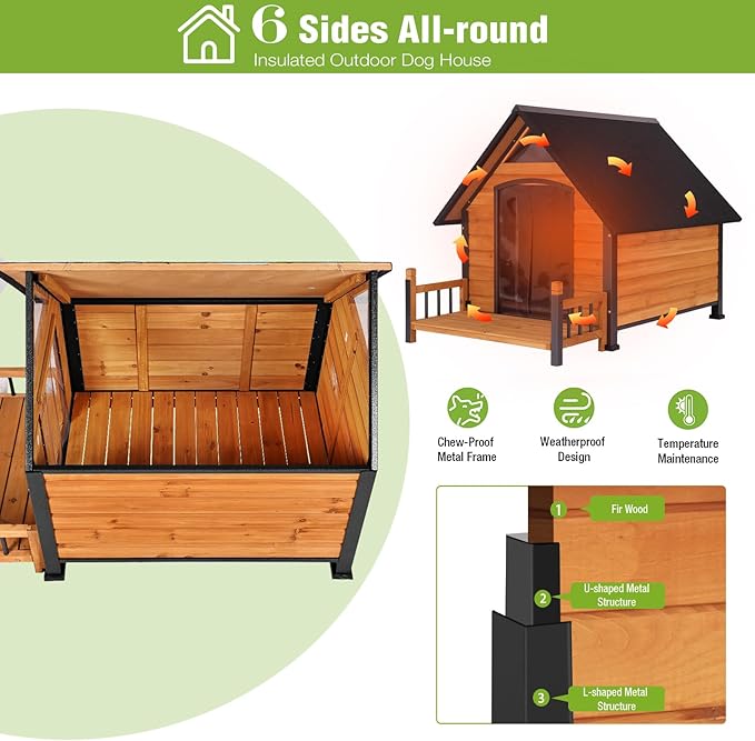 GUTINNEEN Extra Large Outdoor Dog House Insulated Weatherproof Dog Kennel Dog Shelter with Chew-Proof Full Metal Frame, Openable Roof, Removable Inner Floor for Large Dog Breeds, 50.9" D x 37.4" W