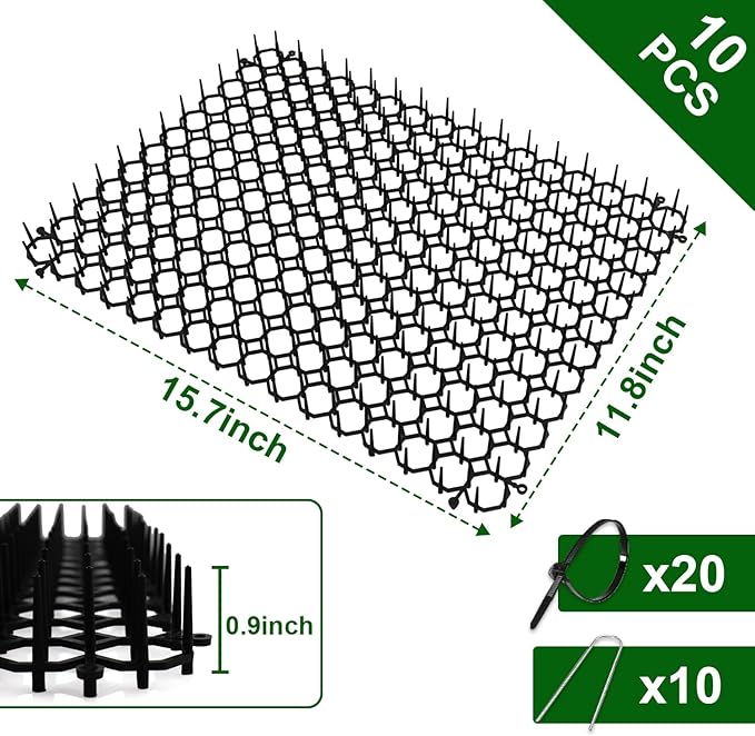 Cat Fecal Mat Sets, Cat Deterrent Mat with Nails Perfect for Garden Animal Barrier, Scat Mat for Cats with Spikes(10 Pack, 12 x 16 Inch, Black)