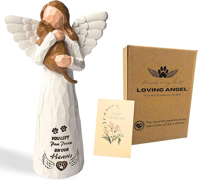 Brown Cat Memorial Angel Statue, Polyresin, Contemporary Religious Style, Tabletop, Handcrafted with Intricate Detailing, Pet Memorial Products, Sculpture