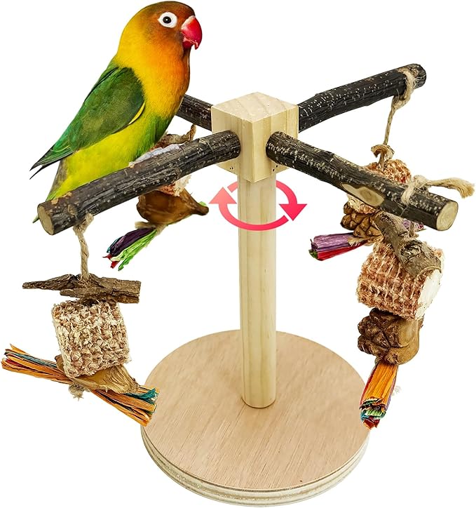 Rotating Bird Perch Stand Toy Natural Wooden Parakeet Toys with Edible Chew Toy Interactive Spinning Toy Bird Cage Accessories for Parakeets Budgies Conures Cockatiels Lovebirds Finches