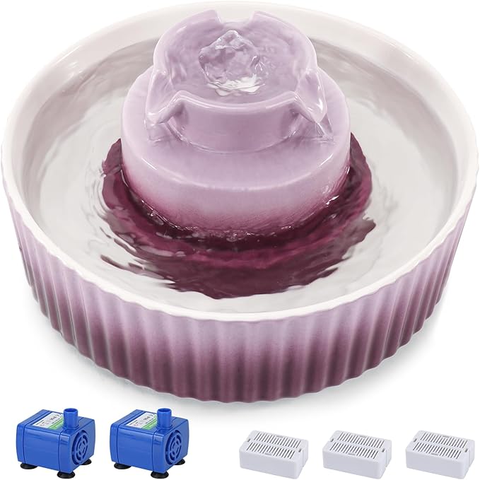 Ceramic Cat Water Fountain, 2.1L/71oz Cat Fountain with 3 Carbon Filters and 2 Water Pumps, Cupcake Pet Water Fountain for Cats and Dogs (Purple)