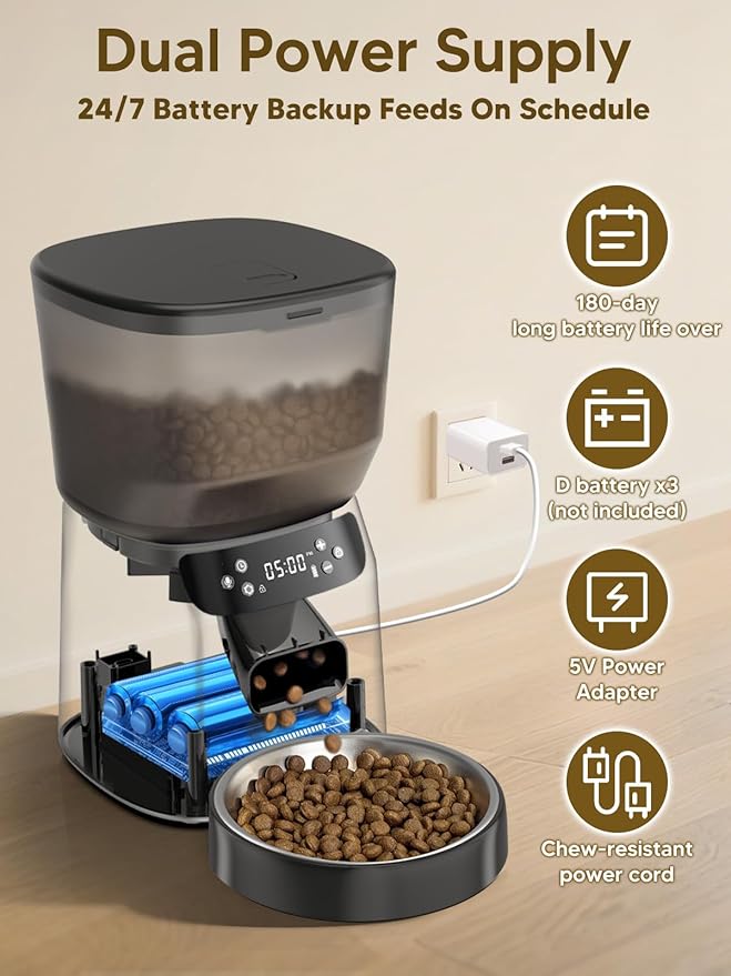 Automatic Cat Feeder and Water Fountain, 4L/16Cups Pet Dry Food Dispenser 2L Water Dispenser, Locking Lid, Programmable Timer 6 Daily Meals, 10s Voice Recorder, Cat Accessories for Puppy Kitten
