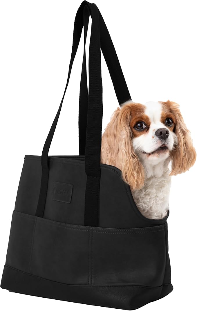 Faux Leather Dog Carrier for Small Dogs, Water-Resistant Designer Dog Purse with Safety Harness, Fashion Pet Carrier for Dogs 5-15 lbs, Luxury Dog Shoulder Carrier, Black