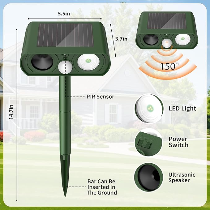 Solar Ultrasonic Animal Repellent, Deer Repellent Devices Waterproof, Cat Repellent Outdoor with Motion Detection Squirrel Skunk Rabbit Dog Raccoon Deterrents Animal Repeller for Yard, 2 Pack
