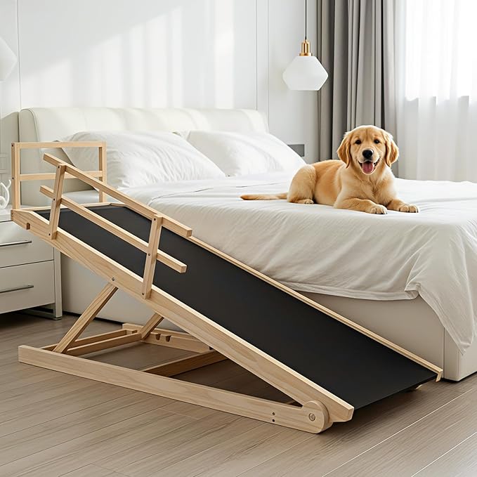 SLSY Dog Ramp for Beds & Couches, Upgraded Folding Adjustable Ramp with Non-Slip Rubber Mat, 55" Long, 5 Heights (15.7"–27.5"), Portable Wooden Step Supports Up to 220 lbs for Dogs & Cats (Natural)