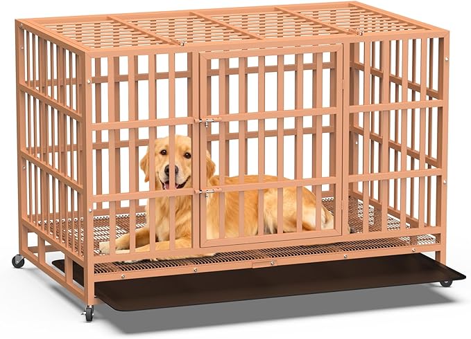 48 Inch Heavy Duty Dog Crate, Indestructible Escape-Proof Dog Kennel for High Anxiety Large Dogs, Strong Metal Pet Cage with Double Doors, Lockable Wheels & Removable Tray, XL XXL XXXL