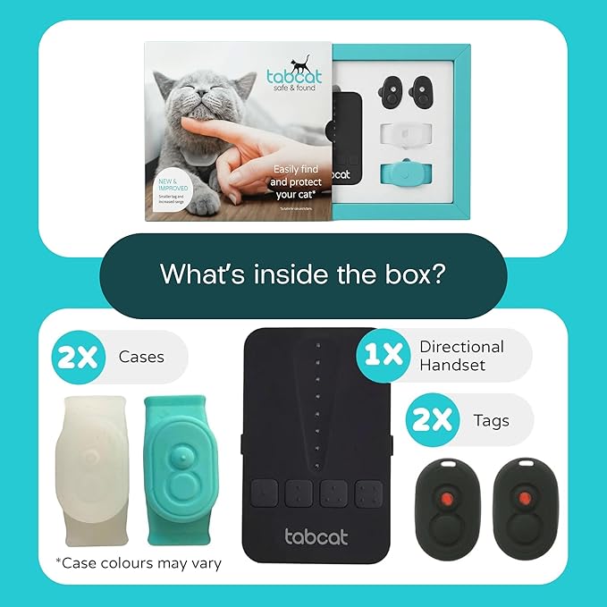 Tabcat V2 Cat & Kitten Tracker - No Monthly Subscription Fee | 2 Lightweight Homing Tags, Cases & Tracking Handset | More Accurate Than GPS | Track 2 Cats Indoors & Outdoors to 1" & 500 ft Range