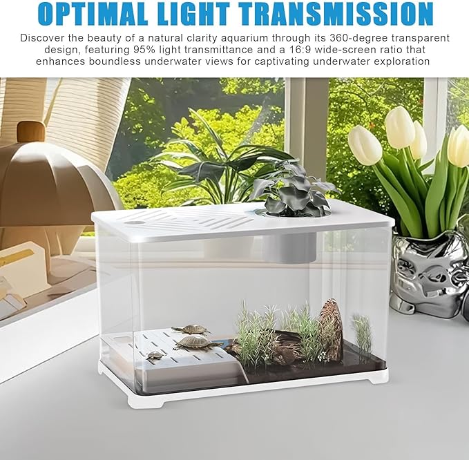 Fish Tank – Aquarium Starter Kit | Large Panoramic HD Aquarium with Turtle Resting Platformz, Modern Water Container for Guppy, Betta, Shrimp, Jellyfish, Small Fish, Home Office Apartment Décor, Easy