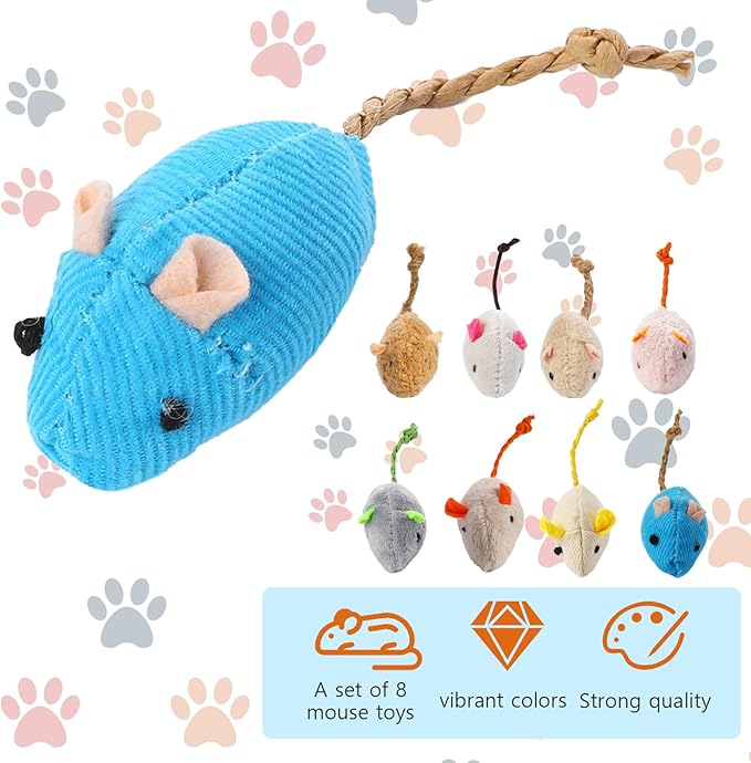 MOZEAT LENS 8 Pack Interactive Cat Mice Toys - Plush Catnip Mouse Shaped Biting Toys for Indoor Cats - Realistic Design in 8 Colors
