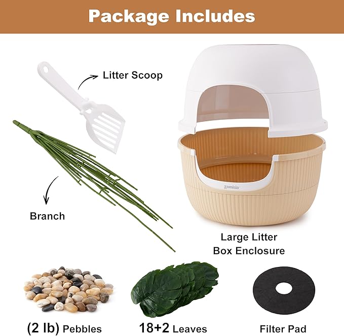 Hidden Cat Litter Box with Faux Plant, Odor Control Litter Box Enclosure Furniture with Artificial Planter and Scoop, Easy to Assemble and Clean, White & Khaki