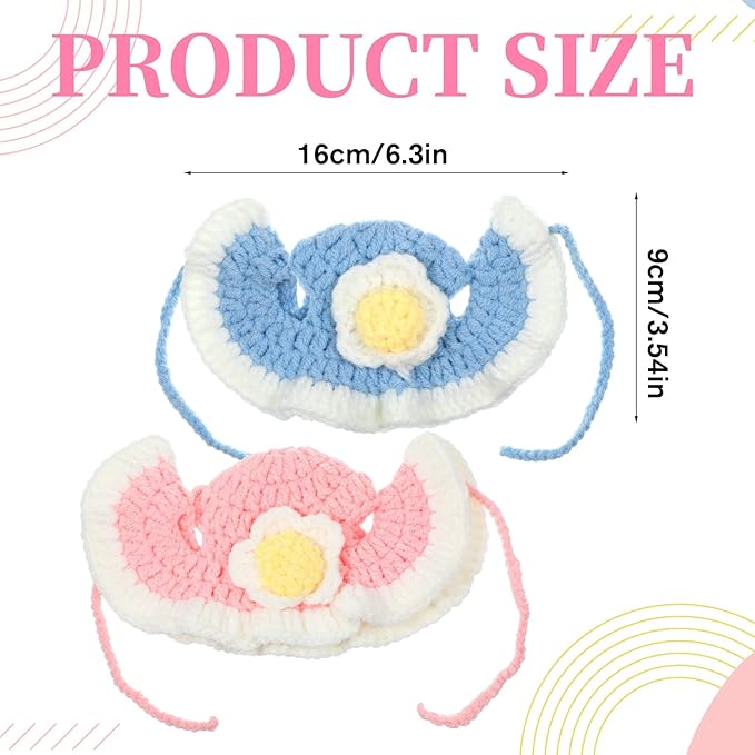 2 PCS Flower Cute Knit Pet Hat, Soft Knitted Cat Bunny Costume Halloween Easter Christmas, Small Accessory Hats for Kitten Pet Rabbits Dog Guinea Pig Daily Dress Up (Blue, Pink)