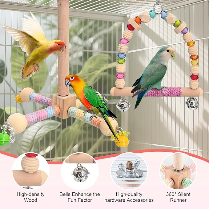 2 Pcs Parakeet Toys with 9 Inch Hanging Perch & 7.8 Inch Wooden Swing,Wooden Bird Cage Accessories to Relieve Boredom and Anxiety,Ideal for Parrots, Budgies, Cockatiels and Other Pet Birds