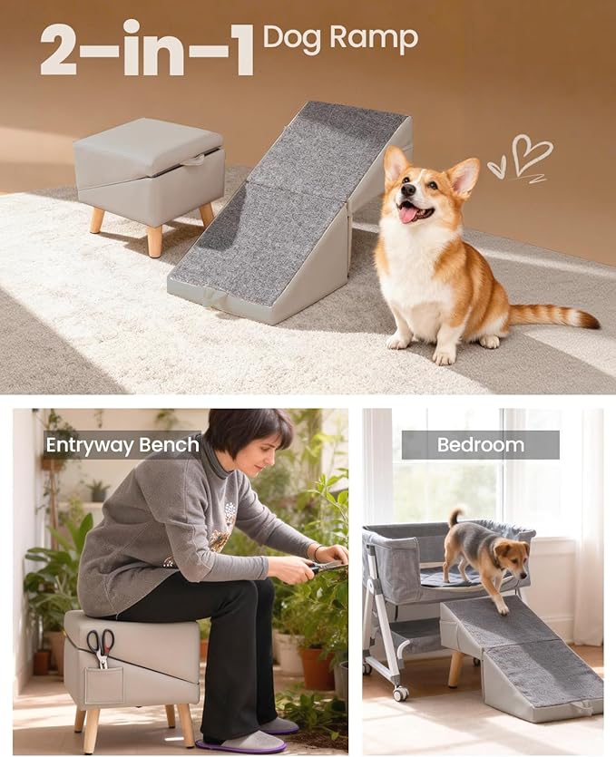Dog Ramp for Couch & Bed, 2-in-1 Dog Stairs for Small and Medium Dogs & Cats, 16'' Indoor Pet Ramp with 23°Gentle Slope, Non-Slip Felt, Joint Protection for Senior & Injured Pets, Sturdy Ottoman-Style
