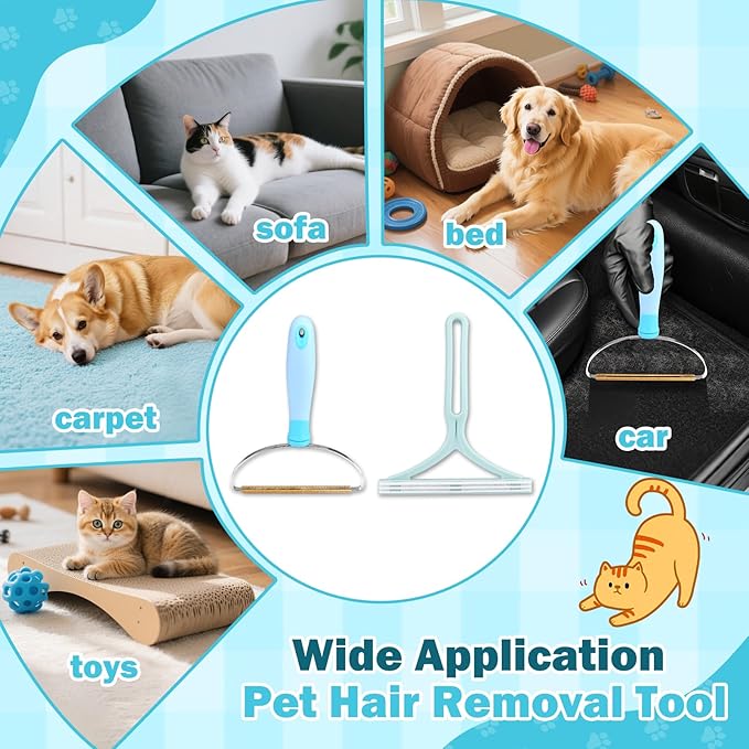 3PCS Pet Hair Removal Tool - Reusable Carpet Rake for Deep Stubborn Cleaning with Copper Head Scraper and Silicone Scraper, 52" Adjustable Long Handle Dog Hair Remover Broom for Sofa, Rugs, Couch, Car