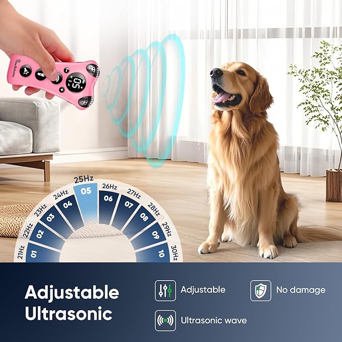 Ultrasonic Dog Bark Deterrent Device –10-Level Adjustable Anti Barking Trainer with Flashlight, Strobe, E-Clicker(18 Whistle Sounds)–No Shock, Collar-Free Dog Behavior Correction Devices