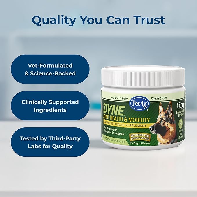 PetAg Dyne Soft Chews, Joint Health & Mobility - Vet-Formulated for Aging & Active Dogs - with UC-II® Collagen - Up to 4X More Effective Than Glucosamine/Chondroitin - 45 Chicken Liver Flavor Chews