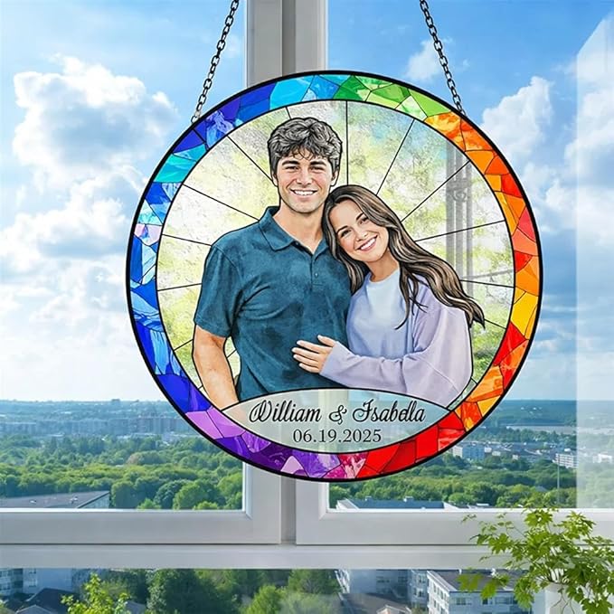 LOVELYPOD Stained Glass Custom Photo Suncatcher Couple Gift, Wedding Anniversary, Couple Potrait Window Decor Gifts for Husband Wife, Grandparents Gifts, Christmas Ornament for Family