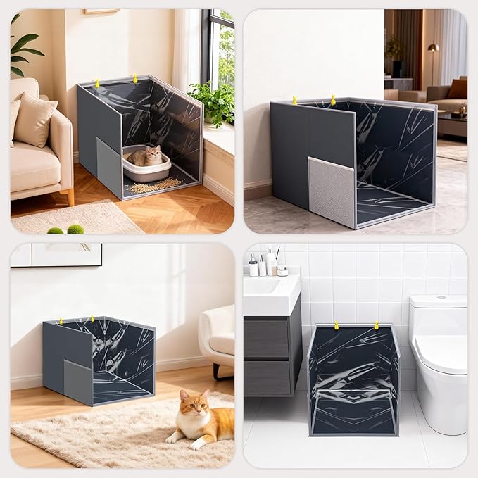 Aokeyee Cat Litter Box Enclosure Splash Guard, High Side All-Inclusive Waterproof, Gray Foldable Pet Litter Box Shield with 2 Hooks, Anti-Leakage, Dust Control, Easy to Clean
