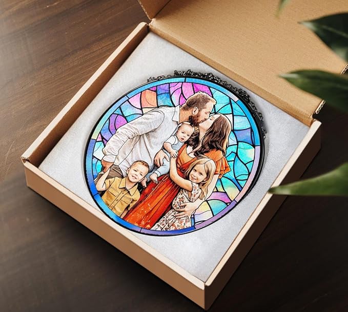 LOVELYPOD Personalized Grandma Stained Glass Sun Catcher, Photo Family Portrait Window Hanging Ornament, Custom Photo Gift, Grandma Gifts, for Mom, Christmas Ornament for Family