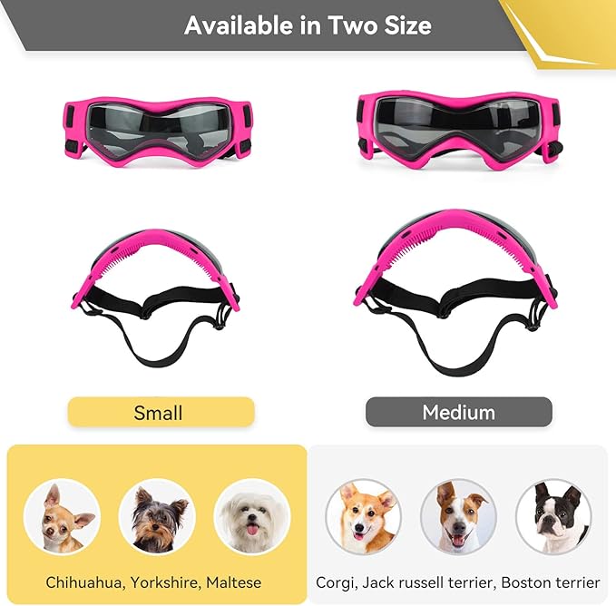 Small Breed Dog Goggles, Pink Sunglasses with UV Protection and Adjustable Straps